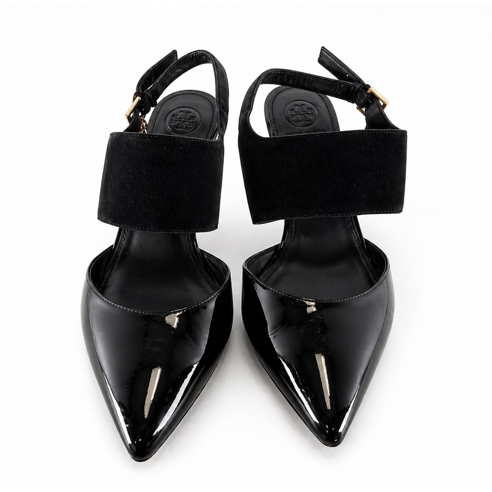 Tory Burch Slingback Pumps Women 7.5M Black Good Patent Suede Mixed Media Heel